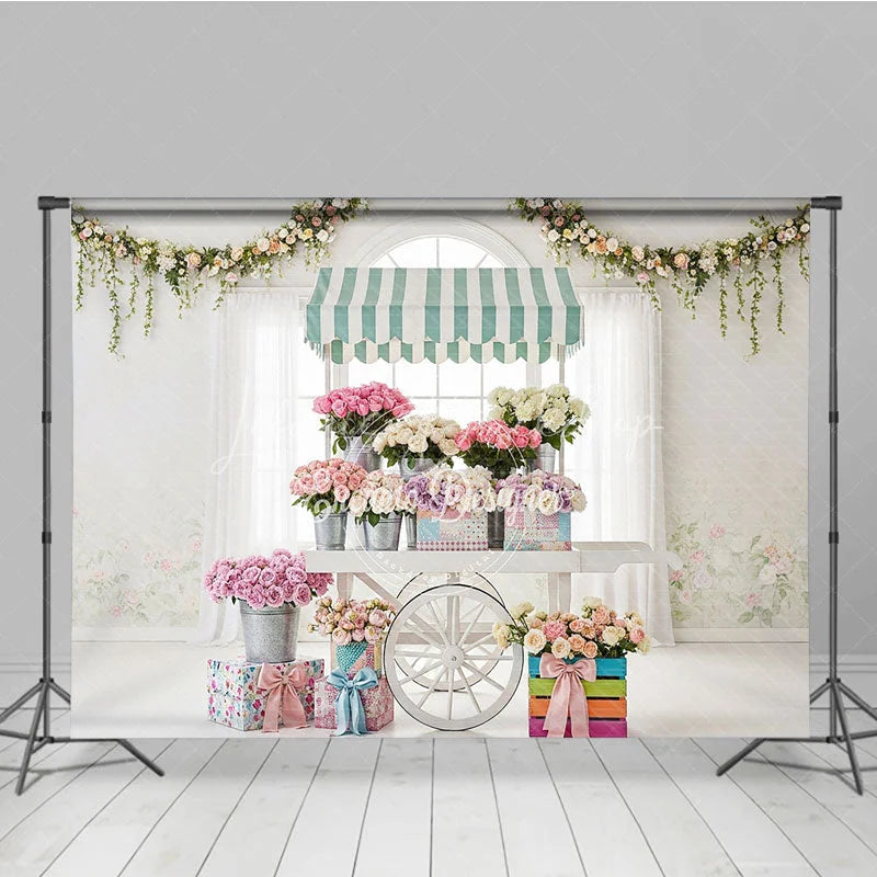 Lofaris Elegant Pastel Flower Cart Photography Backdrop with Roses and Floral Garlands Spring Baby Shower Birthday Decor
