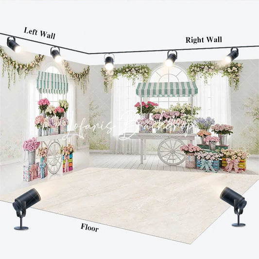 Lofaris Elegant Pastel Flower Cart Room Set Backdrop Striped Awnings and Greenery for Spring Photography Studio Decor