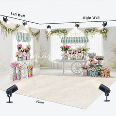 Lofaris Elegant Pastel Flower Cart Room Set Backdrop Striped Awnings and Greenery for Spring Photography Studio Decor