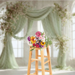 Lofaris Elegant Pastel Green Draped Arch Photography Backdrop with White and Pink Flowers Wedding Baby Shower Decor