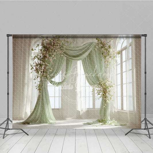 Lofaris Elegant Pastel Green Draped Arch Photography Backdrop with White and Pink Flowers Wedding Baby Shower Decor