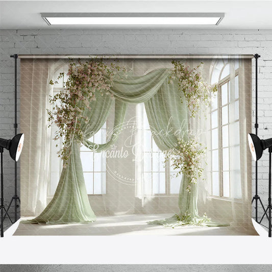 Lofaris Elegant Pastel Green Draped Arch Photography Backdrop with White and Pink Flowers Wedding Baby Shower Decor