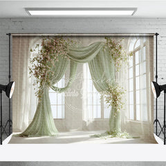 Lofaris Elegant Pastel Green Draped Arch Photography Backdrop with White and Pink Flowers Wedding Baby Shower Decor