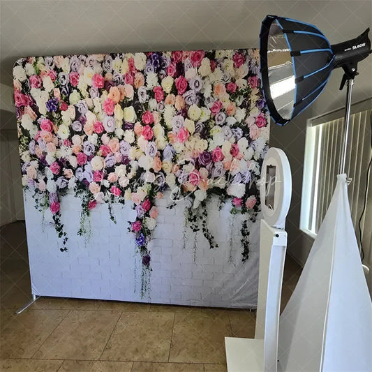 Lofaris Elegant Pastel Rose Flower Wall Square Double-Sided Backdrop with Greenery for Wedding Party Photography