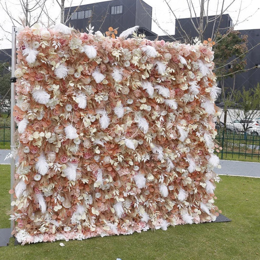 Lofaris Elegant Peach and Pink Artificial Flower Wall with White Feathers Romantic Roses Pampas Grass Decor
