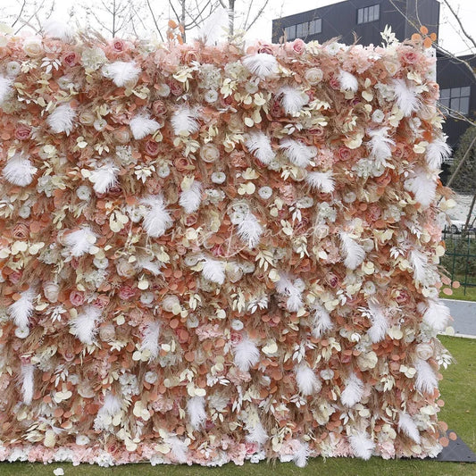 Lofaris Elegant Peach and Pink Artificial Flower Wall with White Feathers Romantic Roses Pampas Grass Decor