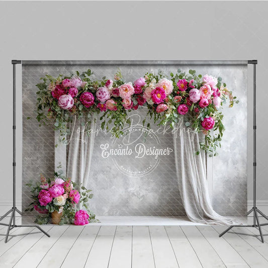 Lofaris Elegant Peony Floral Arch Photography Backdrop Grey Curtains on Textured Wall Wedding Photo Booth Background
