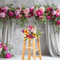 Lofaris Elegant Peony Floral Arch Photography Backdrop Grey Curtains on Textured Wall Wedding Photo Booth Background