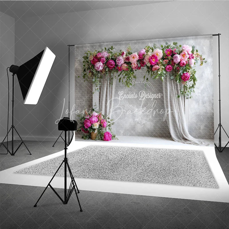 Lofaris Elegant Peony Floral Arch Photography Backdrop Grey Curtains on Textured Wall Wedding Photo Booth Background