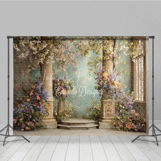 Lofaris Elegant Photography Backdrop with Classical Stone Columns Lush Floral Arrangements and an Arched Window