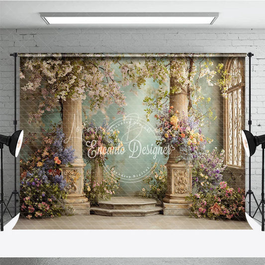 Lofaris Elegant Photography Backdrop with Classical Stone Columns Lush Floral Arrangements and an Arched Window