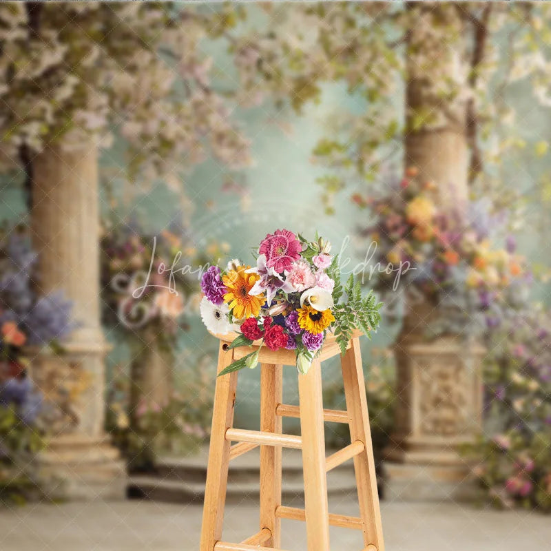 Lofaris Elegant Photography Backdrop with Classical Stone Columns Lush Floral Arrangements and an Arched Window