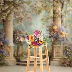 Lofaris Elegant Photography Backdrop with Classical Stone Columns Lush Floral Arrangements and an Arched Window