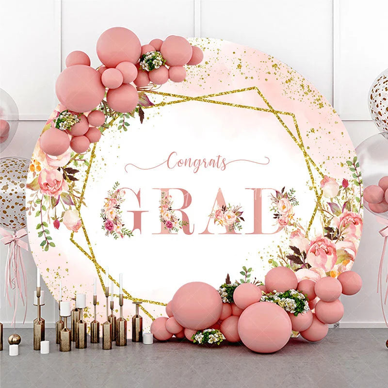 Lofaris Elegant Pink and Gold Glitter Graduation Round Backdrop Floral Congrats GRAD Design for Party Decor