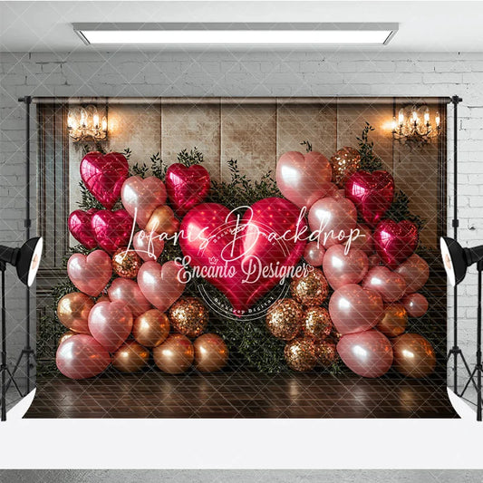 Lofaris Elegant Pink and Gold Heart Balloon Photography Backdrop with Greenery Romantic Valentine’s Day Celebration Decor