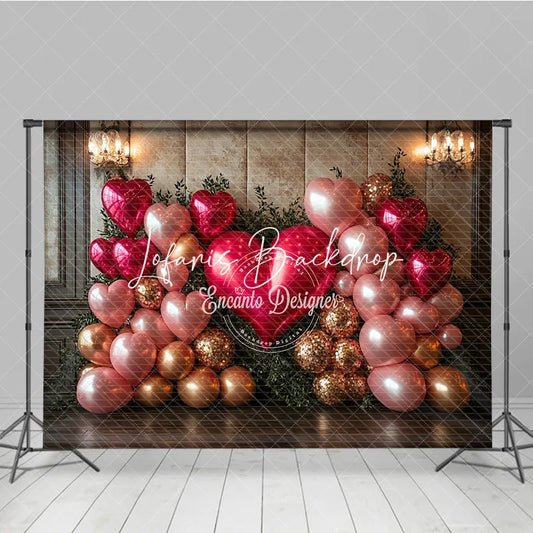 Lofaris Elegant Pink and Gold Heart Balloon Photography Backdrop with Greenery Romantic Valentine’s Day Celebration Decor