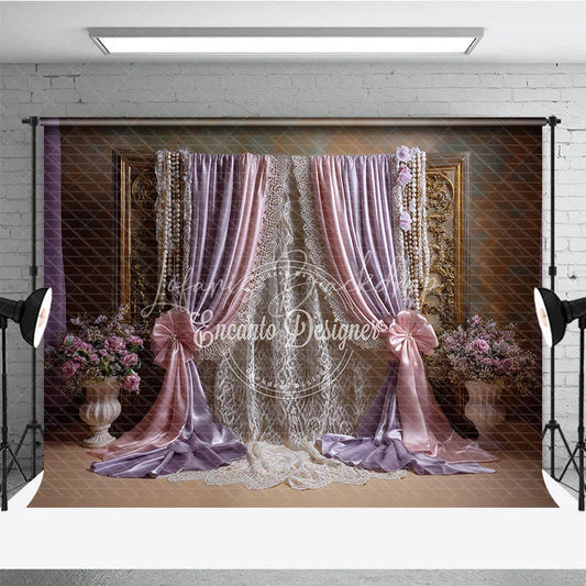 Lofaris Elegant Pink and Lavender Draped Curtains Photography Backdrop Golden Frame Lace Floral Decor for Portraits