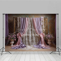 Lofaris Elegant Pink and Lavender Draped Curtains Photography Backdrop Golden Frame Lace Floral Decor for Portraits