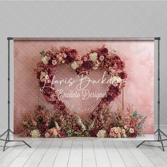 Lofaris Elegant Pink and Red Floral Heart Arch Photography Backdrop with Textured Wall Romantic Wedding Engagement Decor