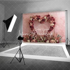 Lofaris Elegant Pink and Red Floral Heart Arch Photography Backdrop with Textured Wall Romantic Wedding Engagement Decor