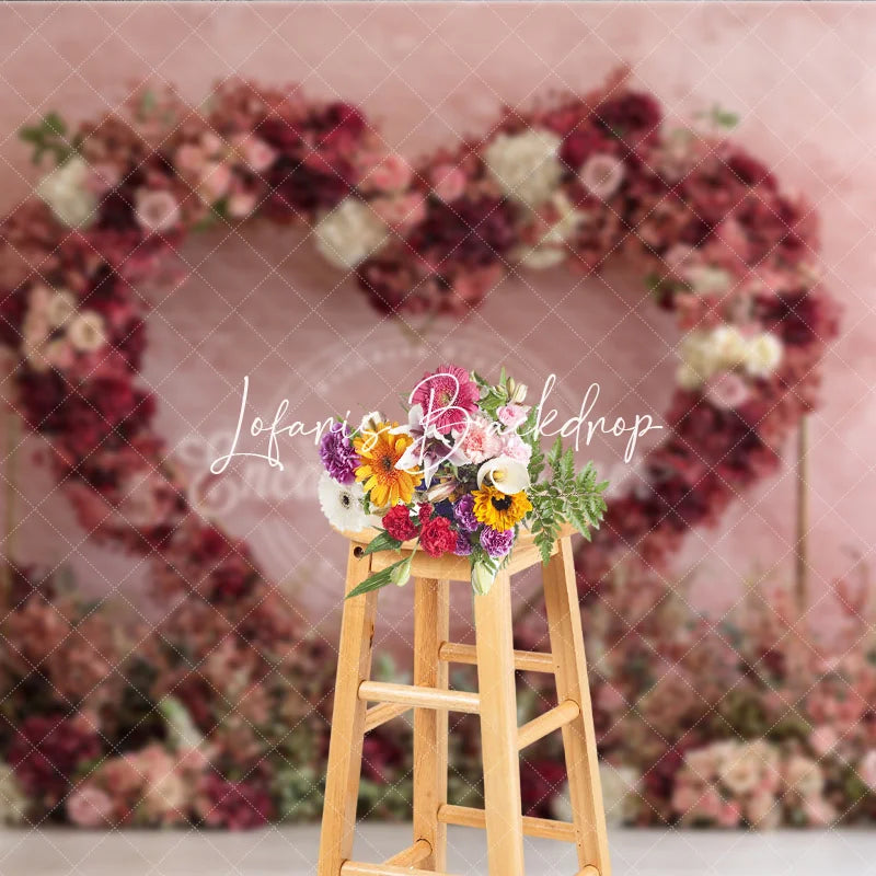 Lofaris Elegant Pink and Red Floral Heart Arch Photography Backdrop with Textured Wall Romantic Wedding Engagement Decor