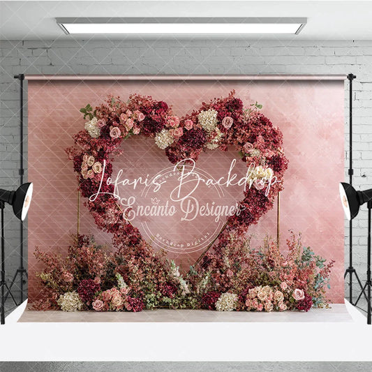 Lofaris Elegant Pink and Red Floral Heart Arch Photography Backdrop with Textured Wall Romantic Wedding Engagement Decor