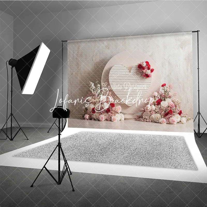 Lofaris Elegant Pink and Red Roses Floral Heart Photography Backdrop with Textured Wall Romantic Celebration Decor