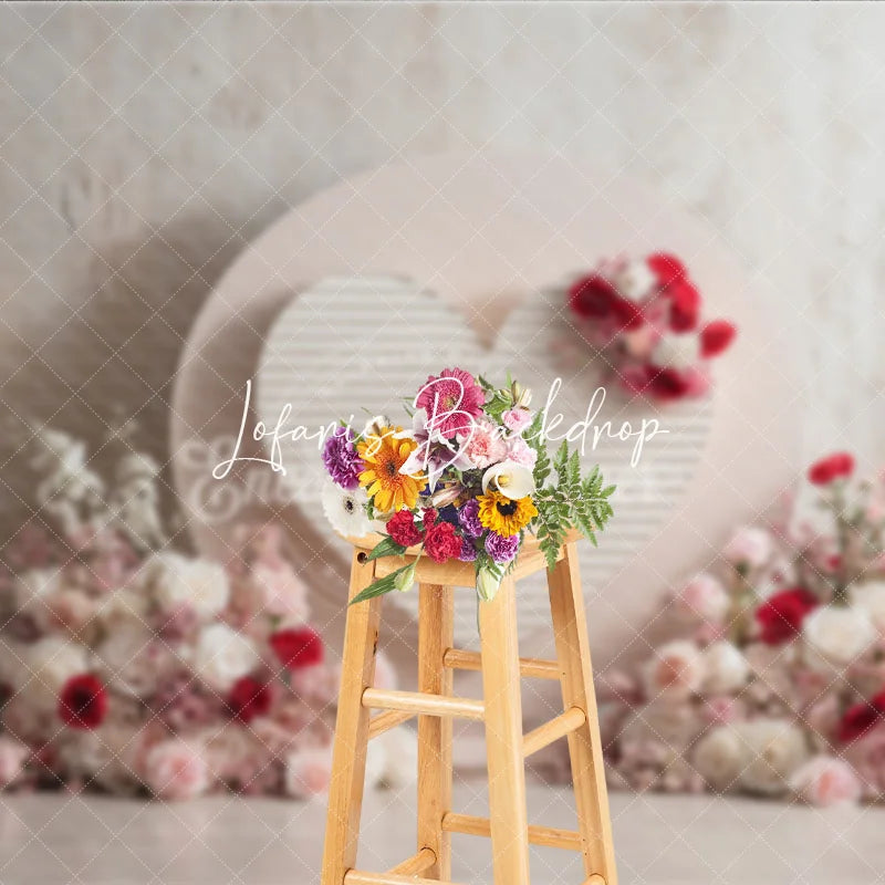 Lofaris Elegant Pink and Red Roses Floral Heart Photography Backdrop with Textured Wall Romantic Celebration Decor