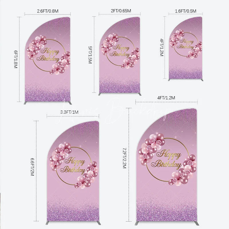Lofaris Elegant Pink and Rose Gold Balloons with Roses Happy Birthday Half Moon Arch Backdrop Kit Purple Glitter Party Decor