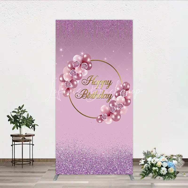 Lofaris Elegant Pink and Rose Gold Balloons with Roses Happy Birthday Rectangle Backdrop Kit Purple Glitter Party Decor
