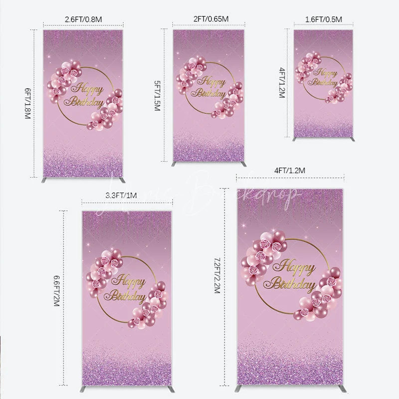Lofaris Elegant Pink and Rose Gold Balloons with Roses Happy Birthday Rectangle Backdrop Kit Purple Glitter Party Decor