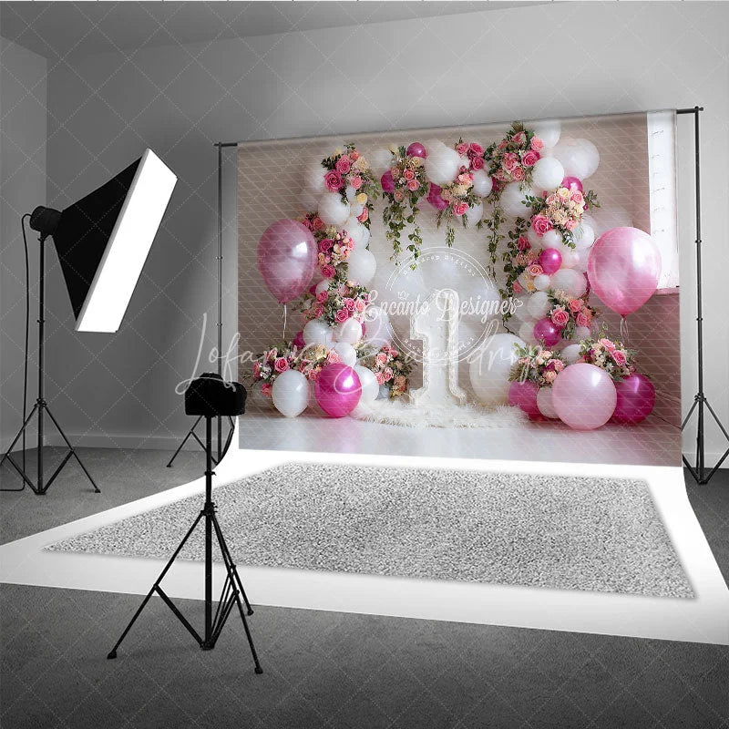 Lofaris Elegant Pink and White Balloons Floral Photography Backdrop with Number One for First Birthday Celebration