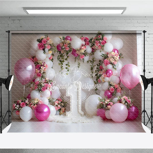 Lofaris Elegant Pink and White Balloons Floral Photography Backdrop with Number One for First Birthday Celebration