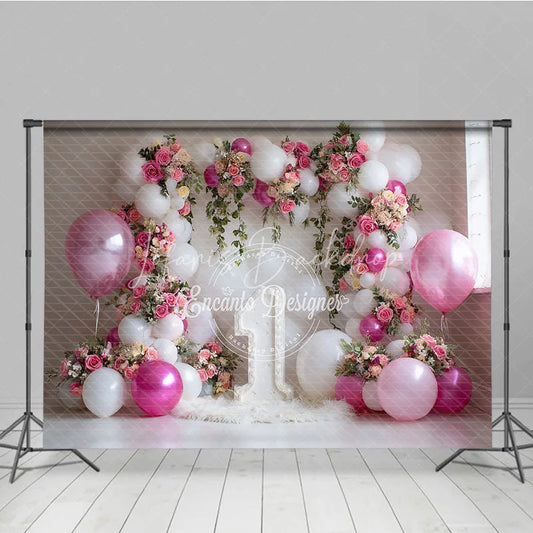 Lofaris Elegant Pink and White Balloons Floral Photography Backdrop with Number One for First Birthday Celebration