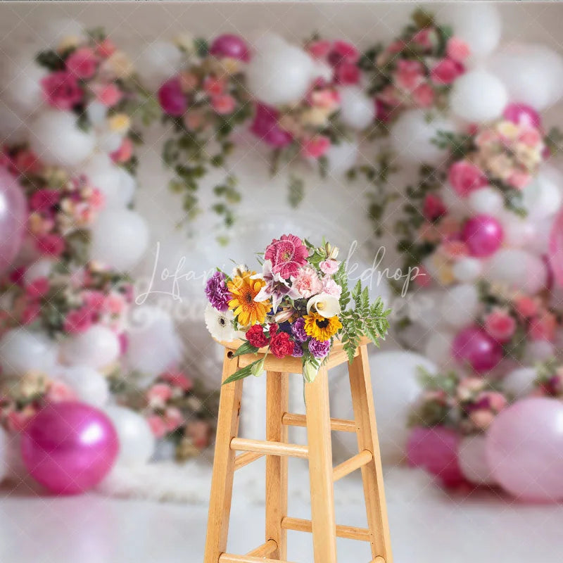 Lofaris Elegant Pink and White Balloons Floral Photography Backdrop with Number One for First Birthday Celebration
