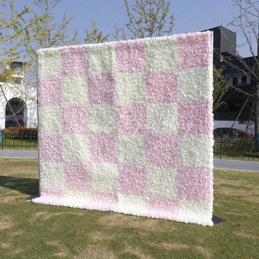 Lofaris Elegant Pink and White Checkerboard Artificial Flower Wall Romantic Rose Backdrop for Wedding Party Decor