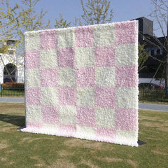 Lofaris Elegant Pink and White Checkerboard Artificial Flower Wall Romantic Rose Backdrop for Wedding Party Decor