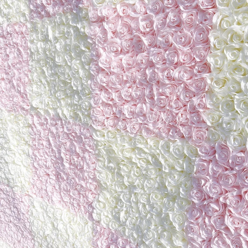 Lofaris Elegant Pink and White Checkerboard Artificial Flower Wall Romantic Rose Backdrop for Wedding Party Decor