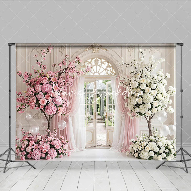Lofaris Elegant Pink and White Floral Archway Photography Backdrop Garden Sheer Curtains Romantic Wedding Party Decor