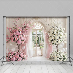 Lofaris Elegant Pink and White Floral Archway Photography Backdrop Garden Sheer Curtains Romantic Wedding Party Decor