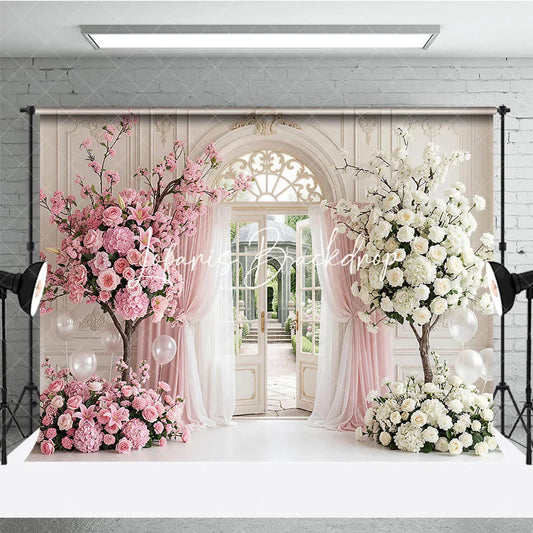 Lofaris Elegant Pink and White Floral Archway Photography Backdrop Garden Sheer Curtains Romantic Wedding Party Decor