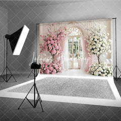 Lofaris Elegant Pink and White Floral Archway Photography Backdrop Garden Sheer Curtains Romantic Wedding Party Decor