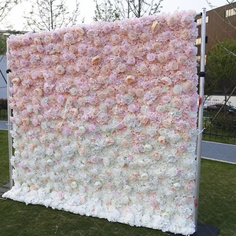 Lofaris Elegant Pink and White Gradient Artificial Flower Wall Lush Rose Floral Backdrop for Wedding Party Decor