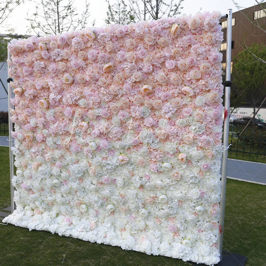Lofaris Elegant Pink and White Gradient Artificial Flower Wall Lush Rose Floral Backdrop for Wedding Party Decor
