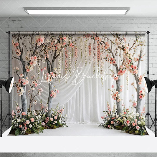 Lofaris Elegant Pink and White Rose Tree Photography Backdrop with Hanging Flowers Romantic Garden Wedding Party Decor