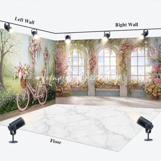 Lofaris Elegant Pink Bicycle Floral Archway Room Set Backdrop Spring Garden with Arched Windows and City View