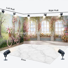 Lofaris Elegant Pink Bicycle Floral Archway Room Set Backdrop Spring Garden with Arched Windows and City View