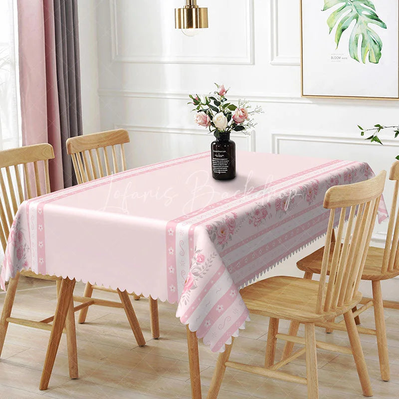 Lofaris Elegant Pink Border Rectangle Tablecloth Rose Floral Edge Design for Valentine Mother Day Dining Room Decor