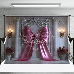 Lofaris Elegant Pink Bow and Pearl Garlands Photography Backdrop Classic Columns for Royal Celebration Decor