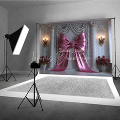Lofaris Elegant Pink Bow and Pearl Garlands Photography Backdrop Classic Columns for Royal Celebration Decor